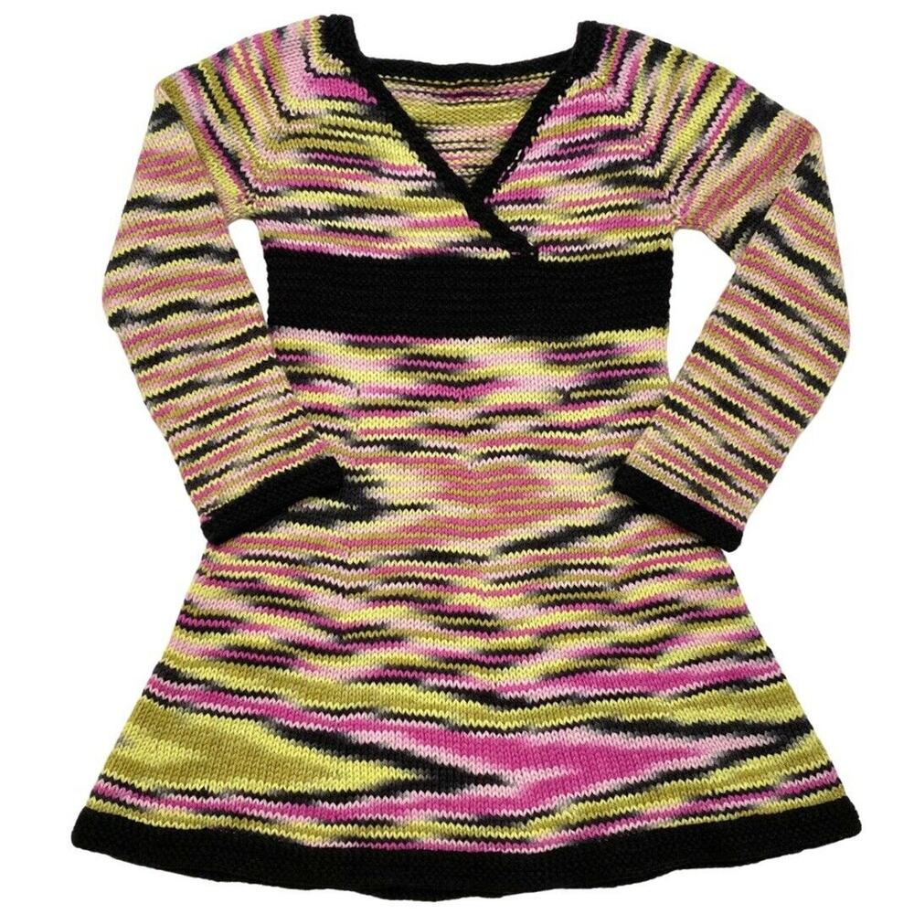 Handmade Knit Sweater Dress Girls Sz 4 5 yrs Pink Green Black 100% Wool Stripe